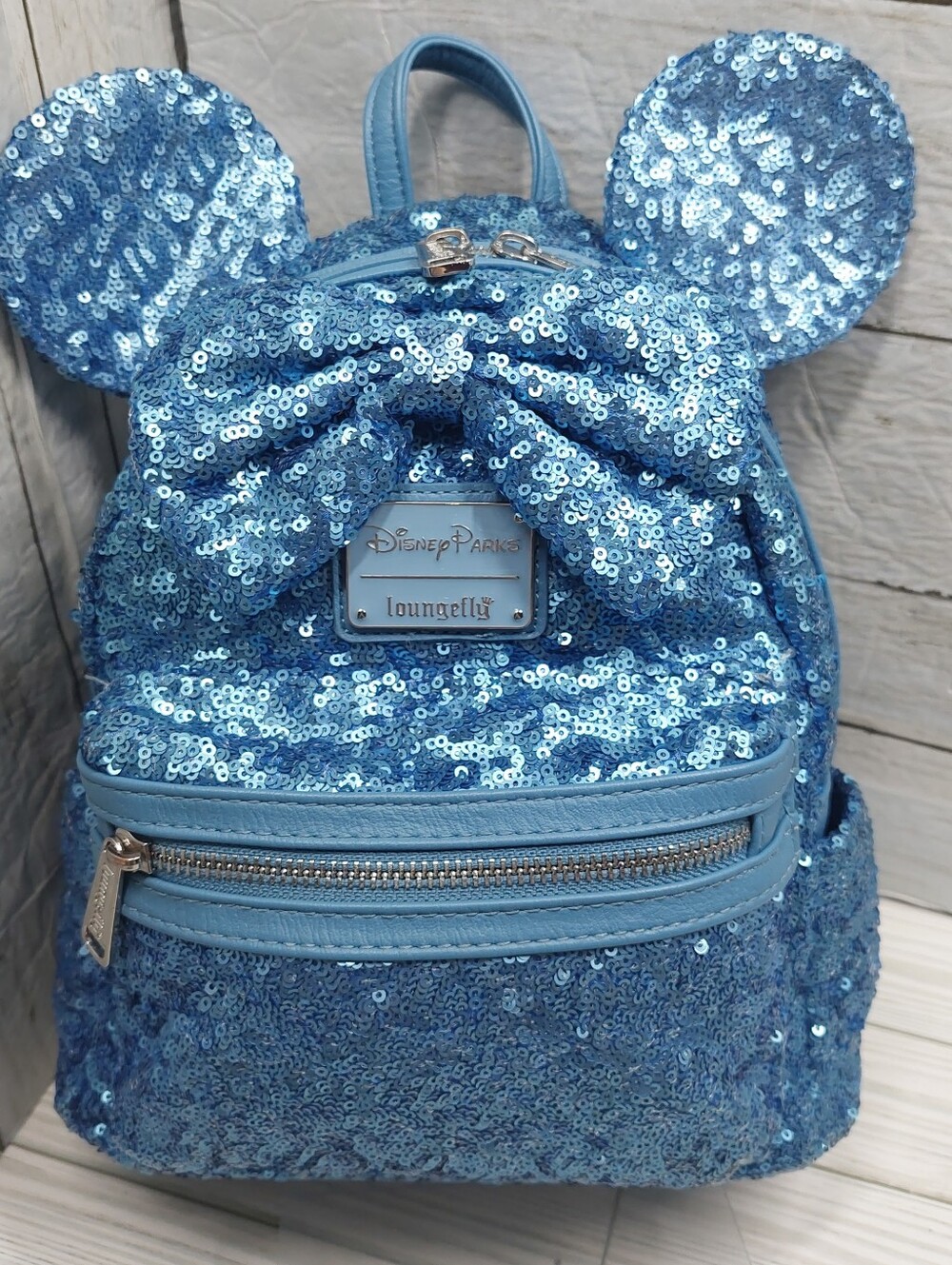Disney Parks Loungefly 12"t Blue Sequin Bow/Ears Multi Zip Pockets Mini Backpack